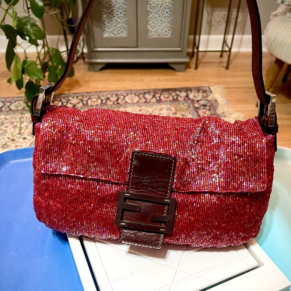 Fendi Red Beaded Baguette Bag
